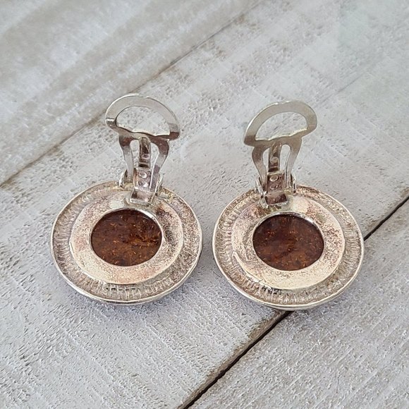 Vintage Sterling Silver Cognac Amber Earrings Circle Clip On - Picture 5 of 12